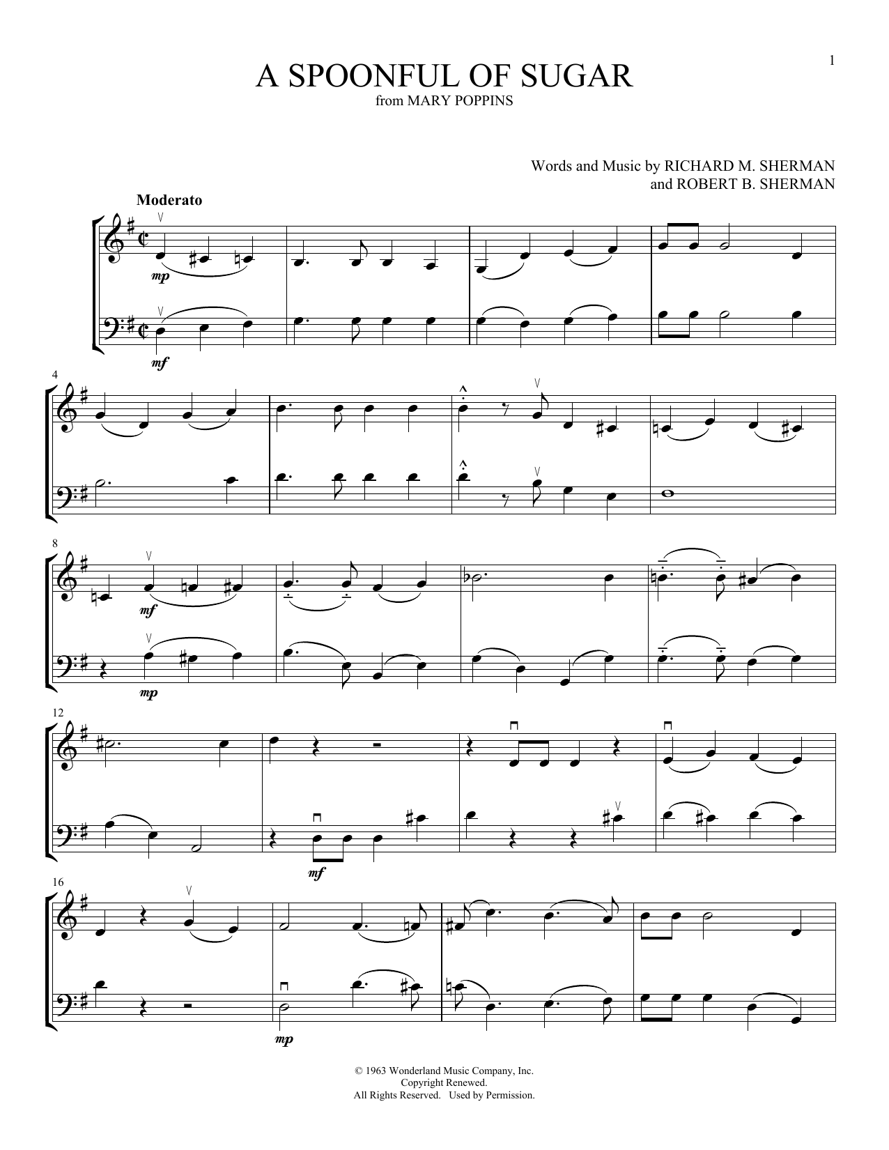 Download Sherman Brothers A Spoonful Of Sugar (from Mary Poppins) (arr. Michelle Hynson) Sheet Music and learn how to play Instrumental Duet PDF digital score in minutes