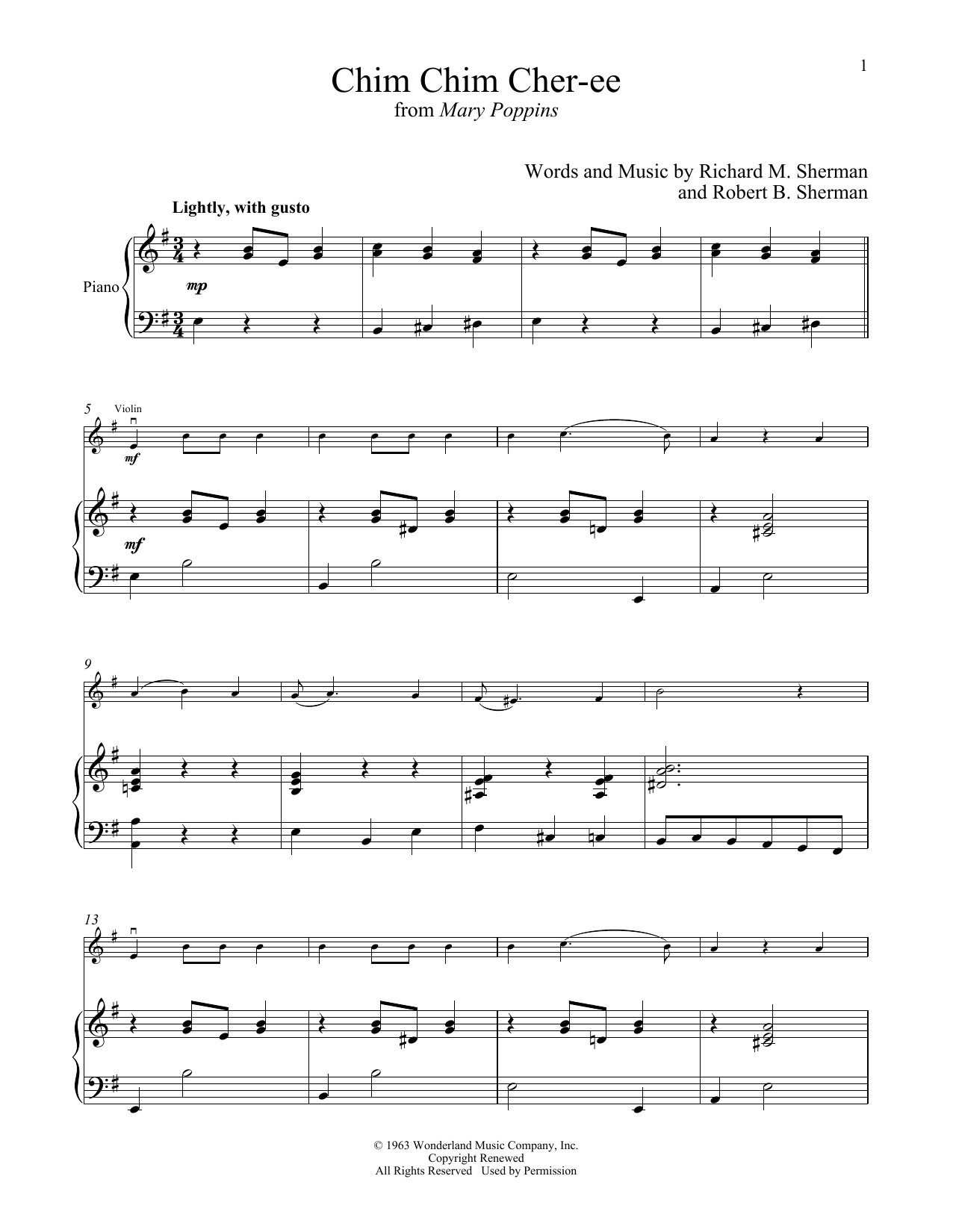 Download Sherman Brothers Chim Chim Cher-ee (from Mary Poppins) Sheet Music and learn how to play Violin and Piano PDF digital score in minutes
