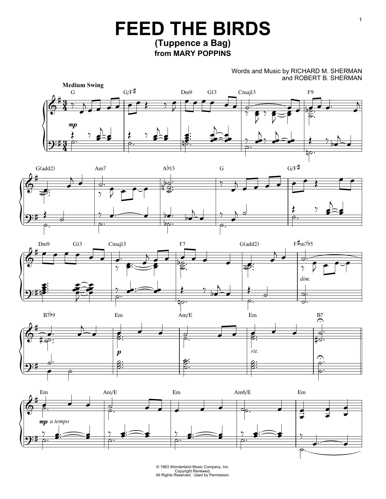 Download Robert B. Sherman Feed The Birds (Tuppence A Bag) Sheet Music and learn how to play Piano PDF digital score in minutes