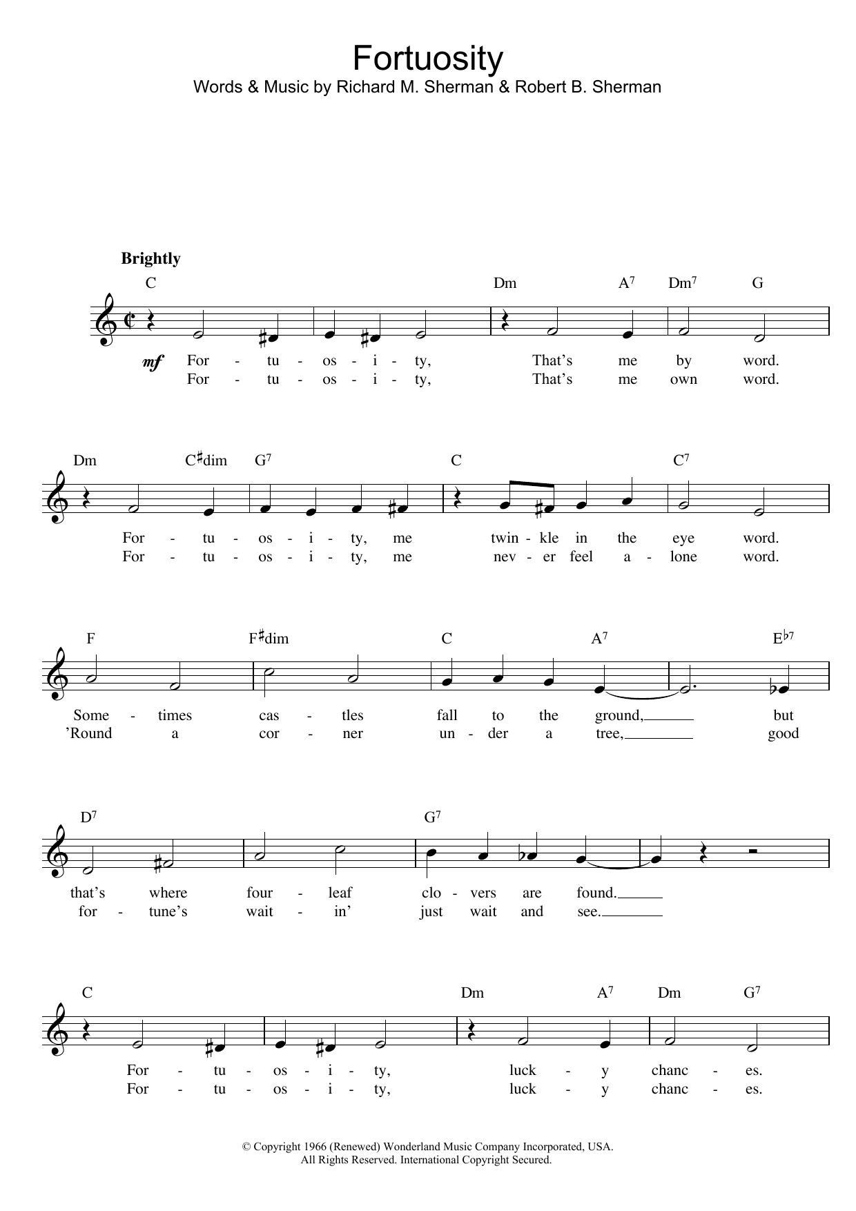 Download Sherman Brothers Fortuosity Sheet Music and learn how to play Melody Line, Lyrics & Chords PDF digital score in minutes
