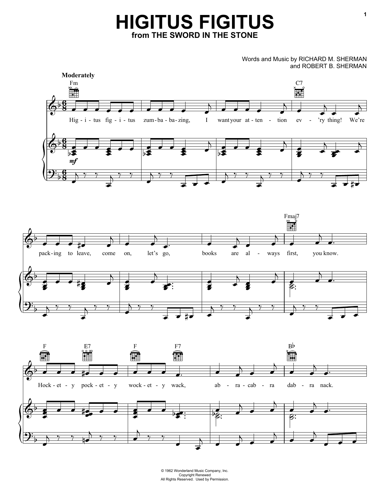 Download Sherman Brothers Higitus Figitus (from The Sword In The Stone) Sheet Music and learn how to play Piano, Vocal & Guitar Chords (Right-Hand Melody) PDF digital score in minutes