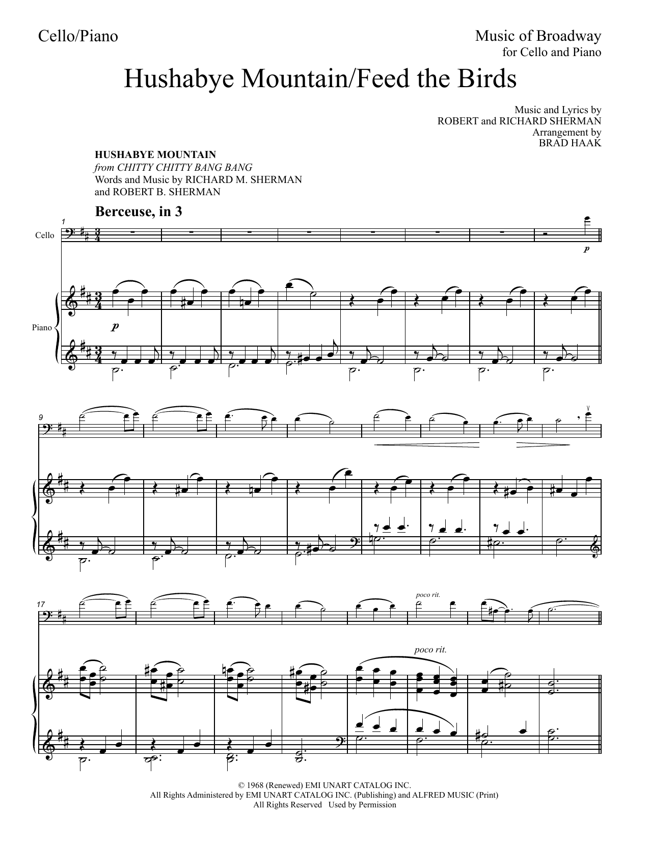 Download Sherman Brothers Hushabye Mountain / Feed The Birds (Medley) (arr. Brad Haak) Sheet Music and learn how to play Cello and Piano PDF digital score in minutes