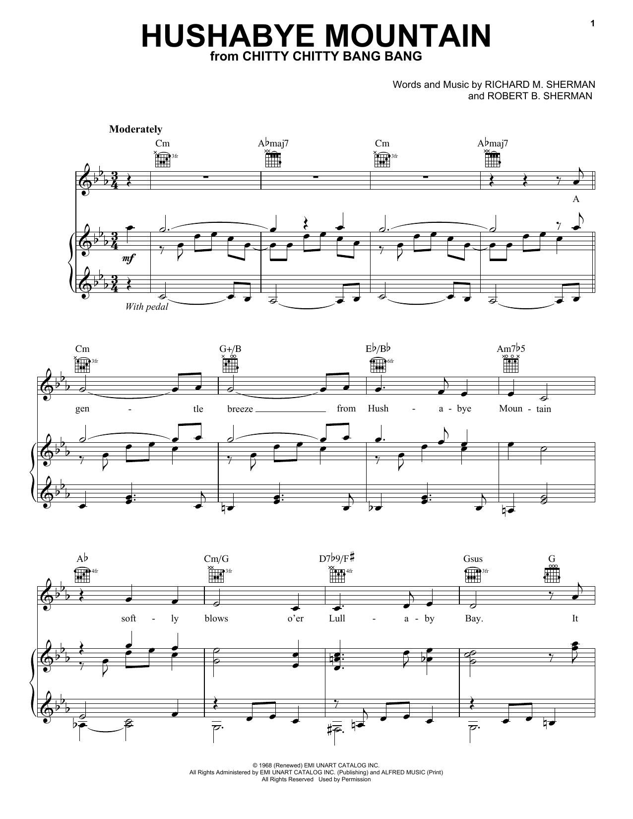 Download Sherman Brothers Hushabye Mountain (from Chitty Chitty Bang Bang) Sheet Music and learn how to play Piano, Vocal & Guitar Chords (Right-Hand Melody) PDF digital score in minutes