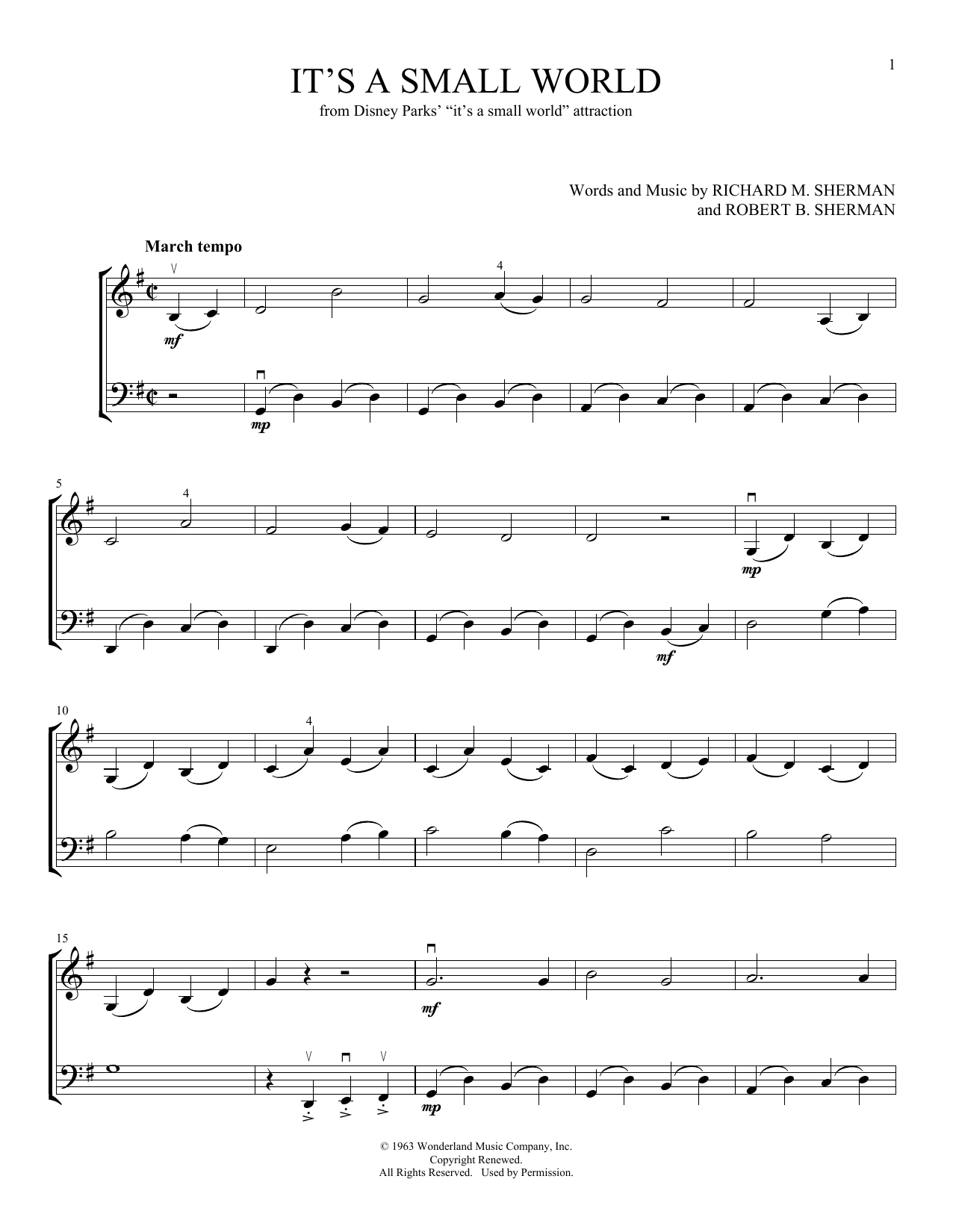 Download Sherman Brothers It's A Small World (arr. Michelle Hynson) Sheet Music and learn how to play Instrumental Duet PDF digital score in minutes