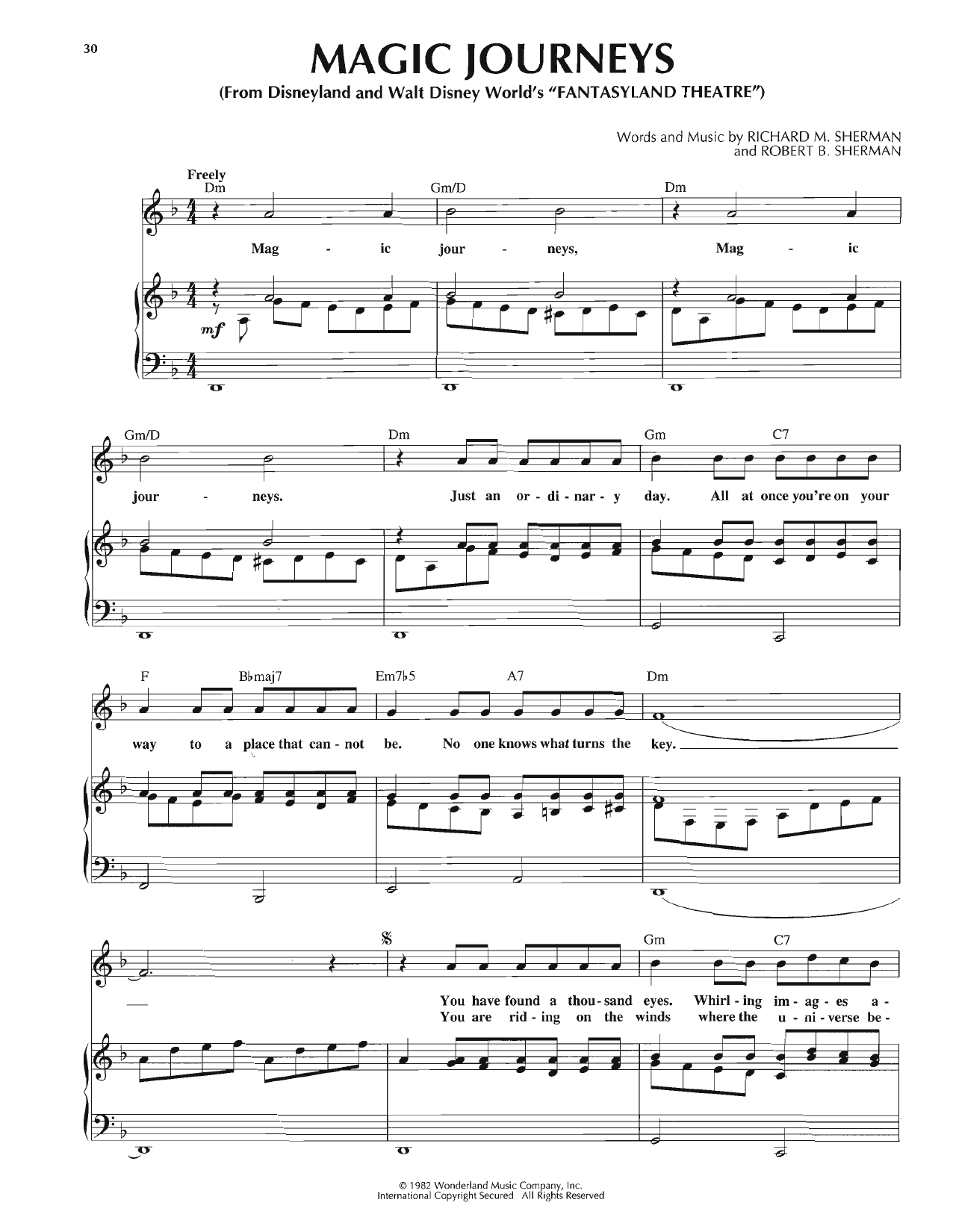 Download Sherman Brothers Magic Journeys Sheet Music and learn how to play Piano, Vocal & Guitar Chords (Right-Hand Melody) PDF digital score in minutes