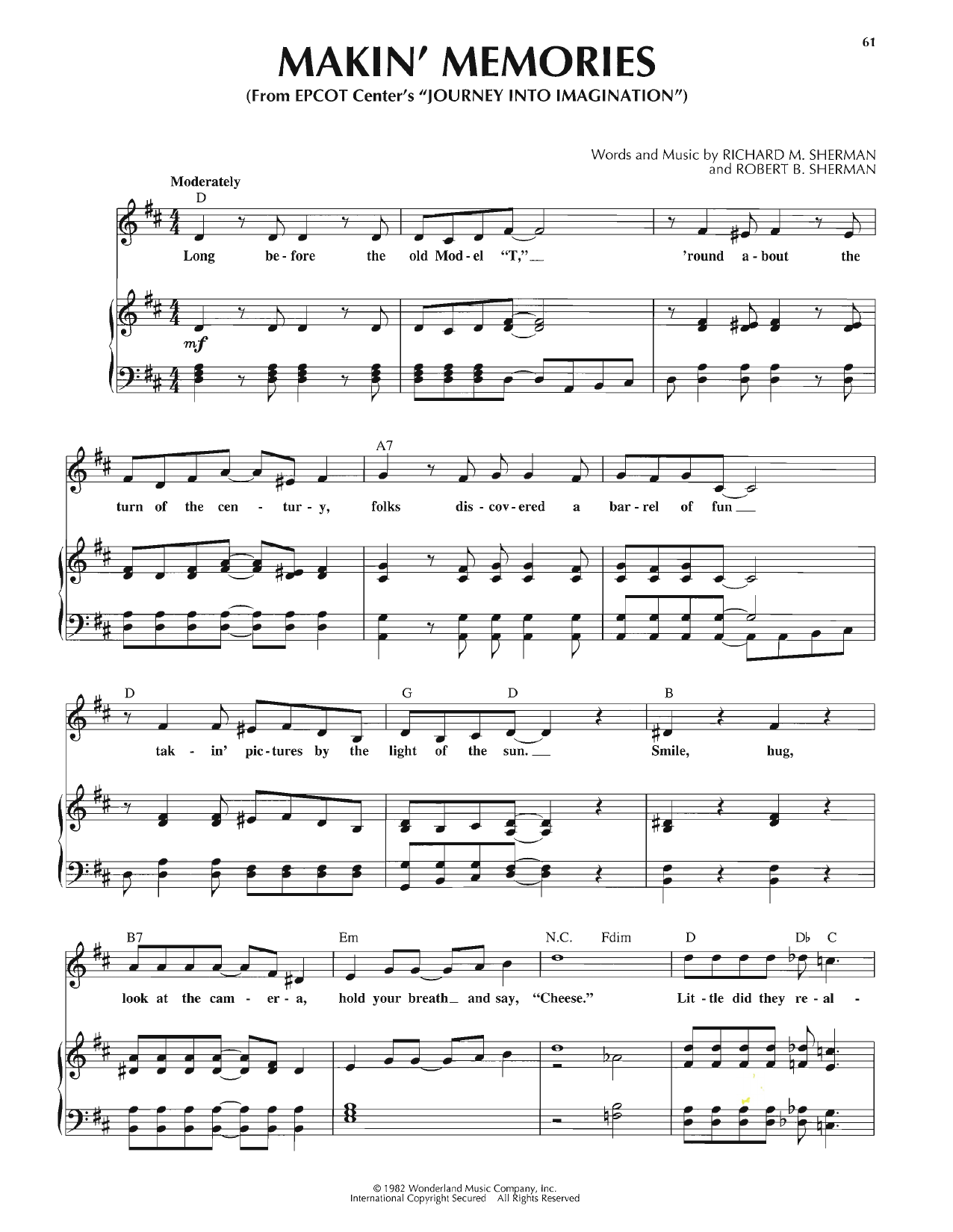 Download Sherman Brothers Makin' Memories Sheet Music and learn how to play Piano, Vocal & Guitar Chords (Right-Hand Melody) PDF digital score in minutes