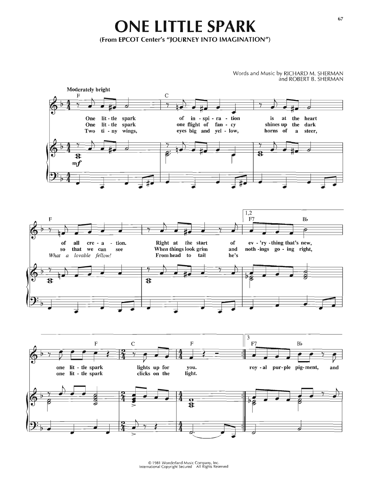 Download Sherman Brothers One Little Spark Sheet Music and learn how to play Piano, Vocal & Guitar Chords (Right-Hand Melody) PDF digital score in minutes