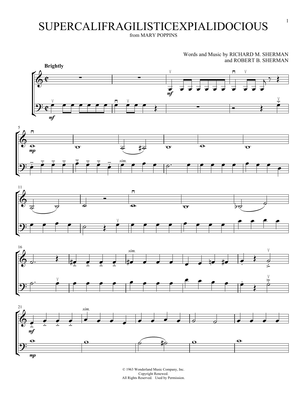 Download Sherman Brothers Supercalifragilisticexpialidocious (from Mary Poppins) (arr. Michelle Hynson) Sheet Music and learn how to play Instrumental Duet PDF digital score in minutes