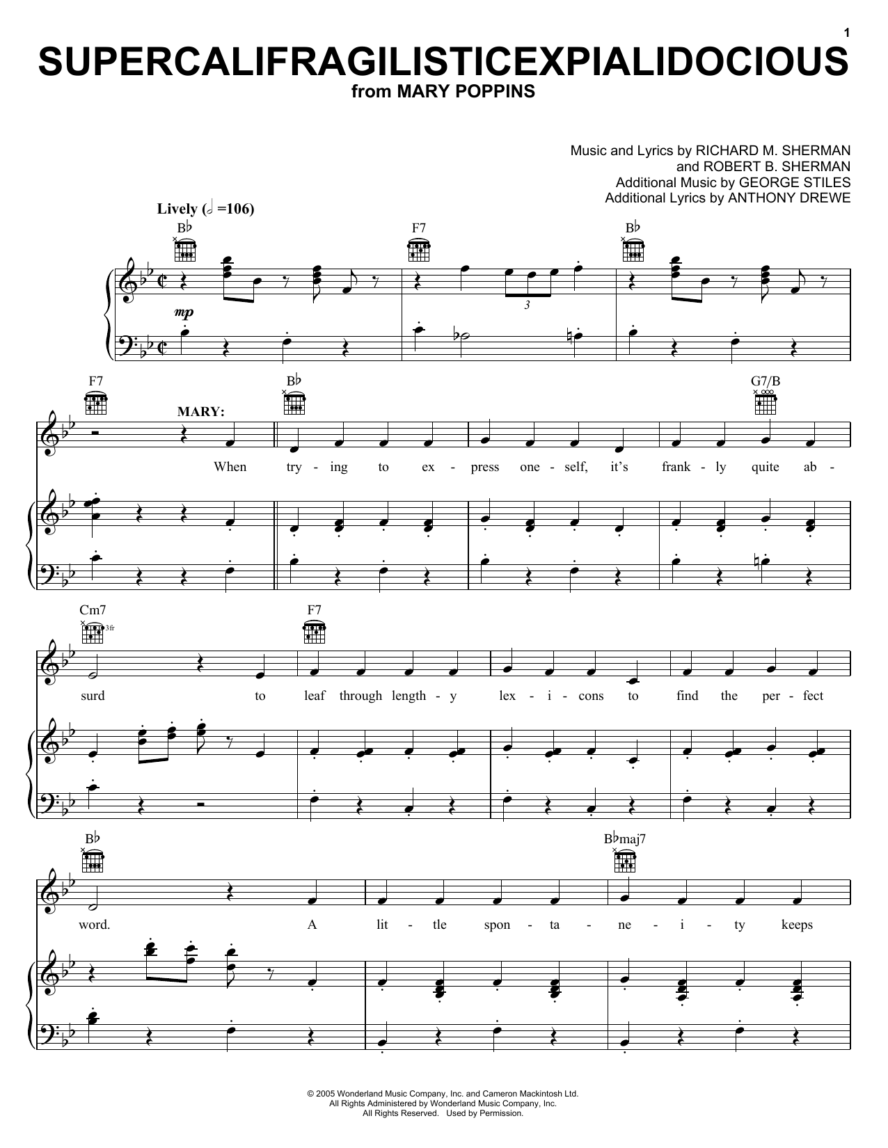 Download Sherman Brothers Supercalifragilisticexpialidocious (from Mary Poppins) Sheet Music and learn how to play 5-Finger Piano PDF digital score in minutes