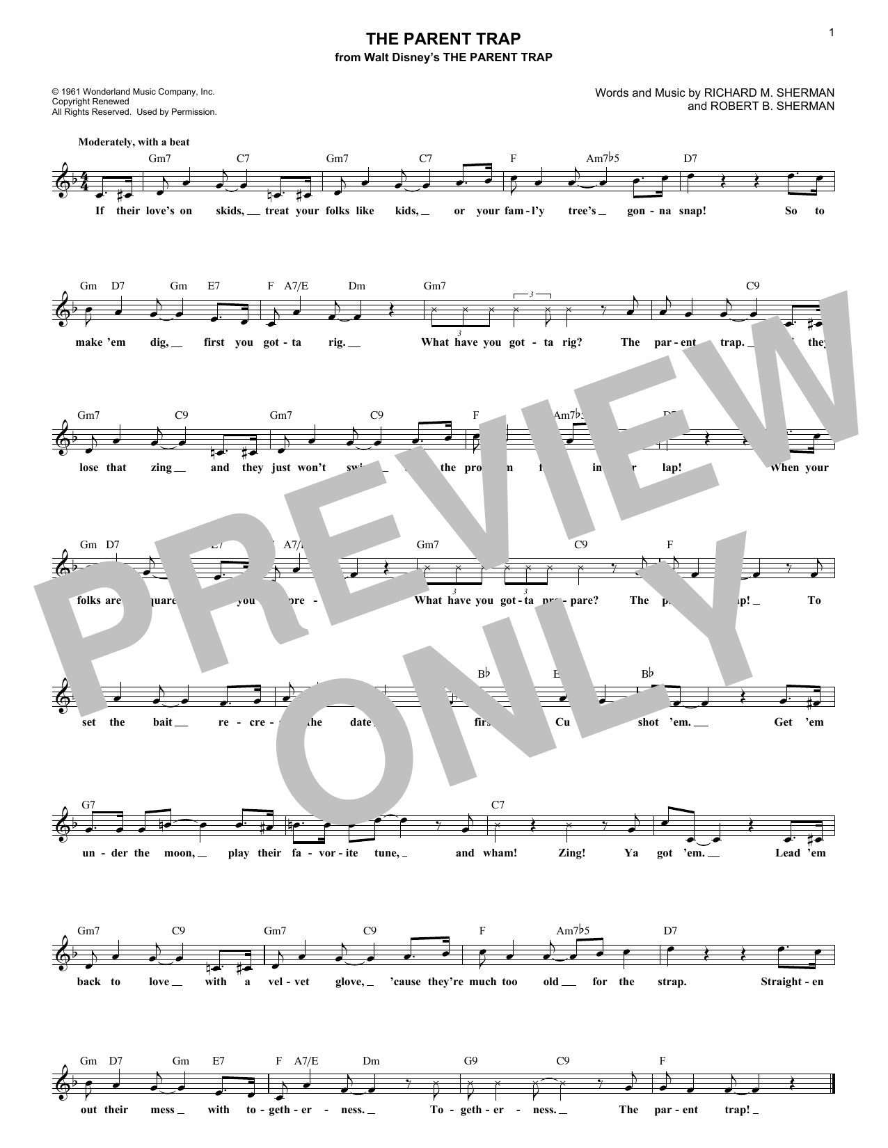 Download Sherman Brothers The Parent Trap Sheet Music and learn how to play Lead Sheet / Fake Book PDF digital score in minutes