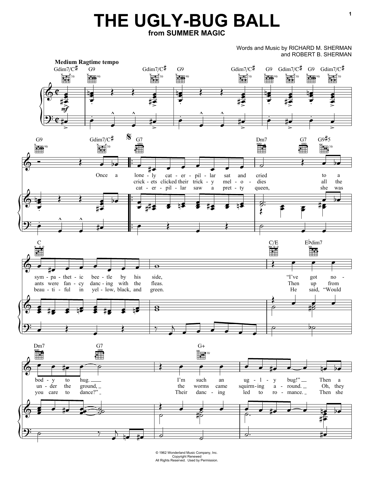 Download Sherman Brothers The Ugly-Bug Ball (from Summer Magic) Sheet Music and learn how to play Piano, Vocal & Guitar Chords (Right-Hand Melody) PDF digital score in minutes