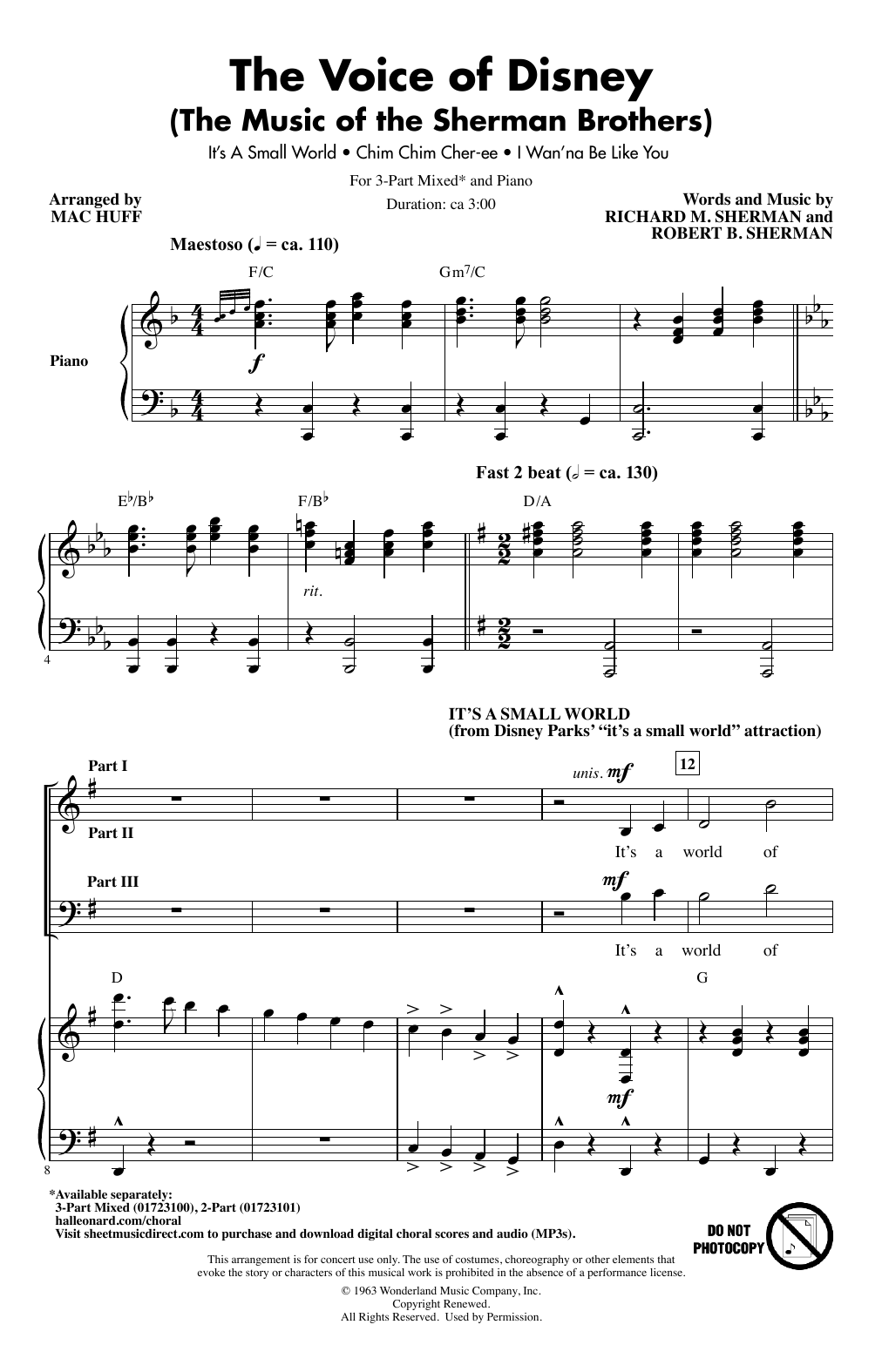 Download Sherman Brothers The Voice of Disney (The Music of the Sherman Brothers) (Medley) (arr. Mac Huff) Sheet Music and learn how to play 3-Part Mixed Choir PDF digital score in minutes