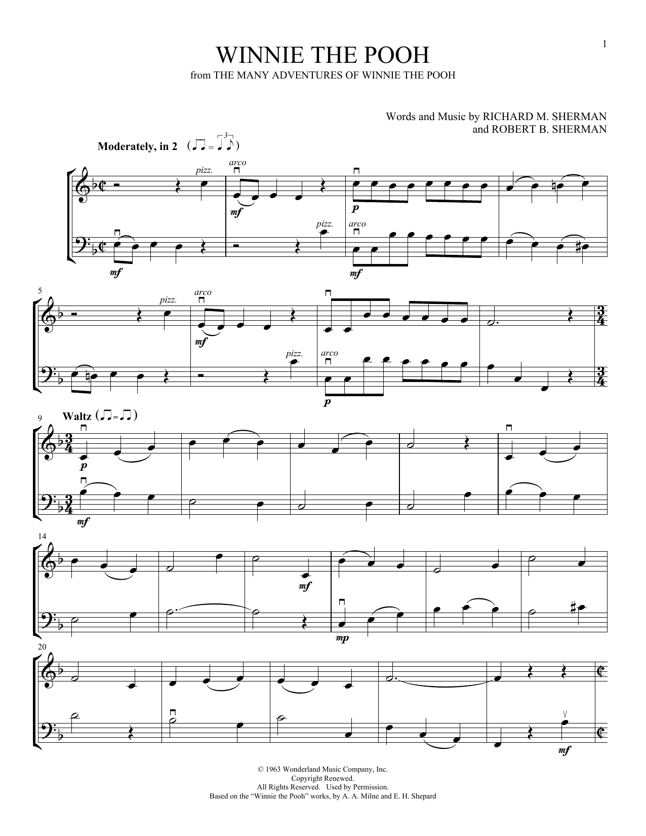Download Sherman Brothers Winnie The Pooh (arr. Michelle Hynson) Sheet Music and learn how to play Instrumental Duet PDF digital score in minutes