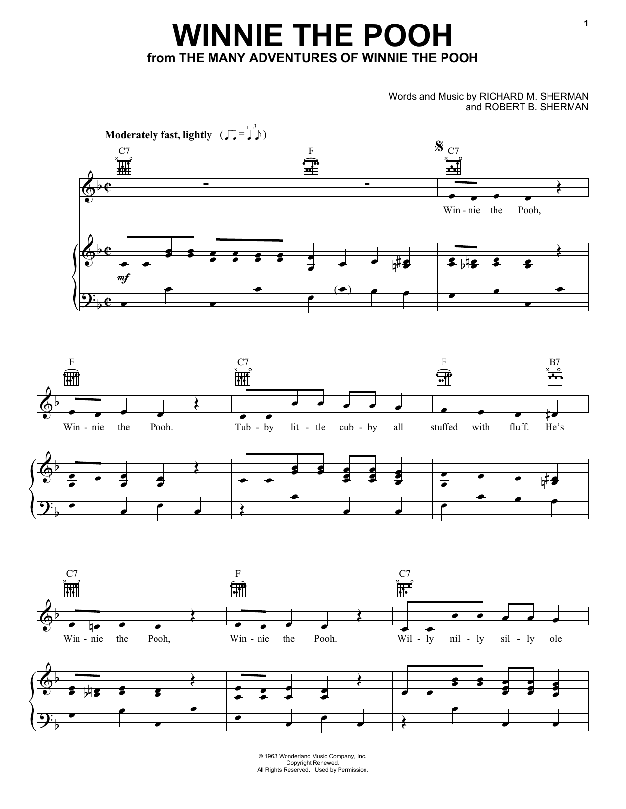 Download Sherman Brothers Winnie The Pooh Sheet Music and learn how to play Piano, Vocal & Guitar (Right-Hand Melody) PDF digital score in minutes