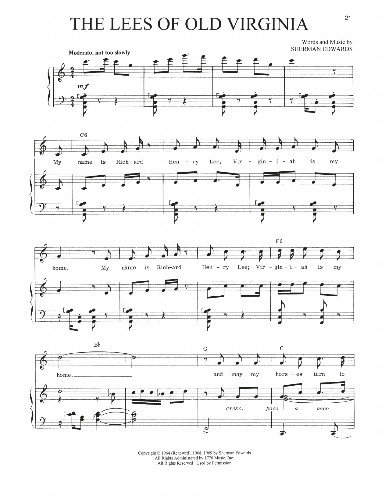 Download Sherman Edwards The Lees Of Old Virginia (from 1776) Sheet Music and learn how to play Piano, Vocal & Guitar Chords (Right-Hand Melody) PDF digital score in minutes