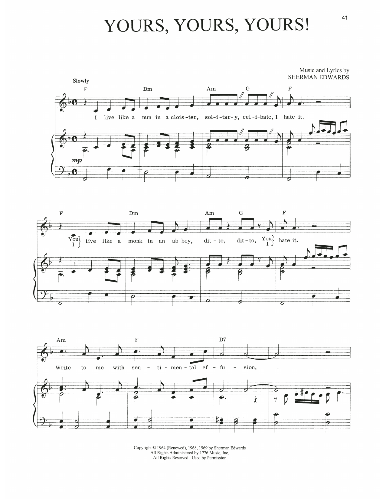 Download Sherman Edwards Yours, Yours, Yours! (from 1776) Sheet Music and learn how to play Piano, Vocal & Guitar Chords (Right-Hand Melody) PDF digital score in minutes