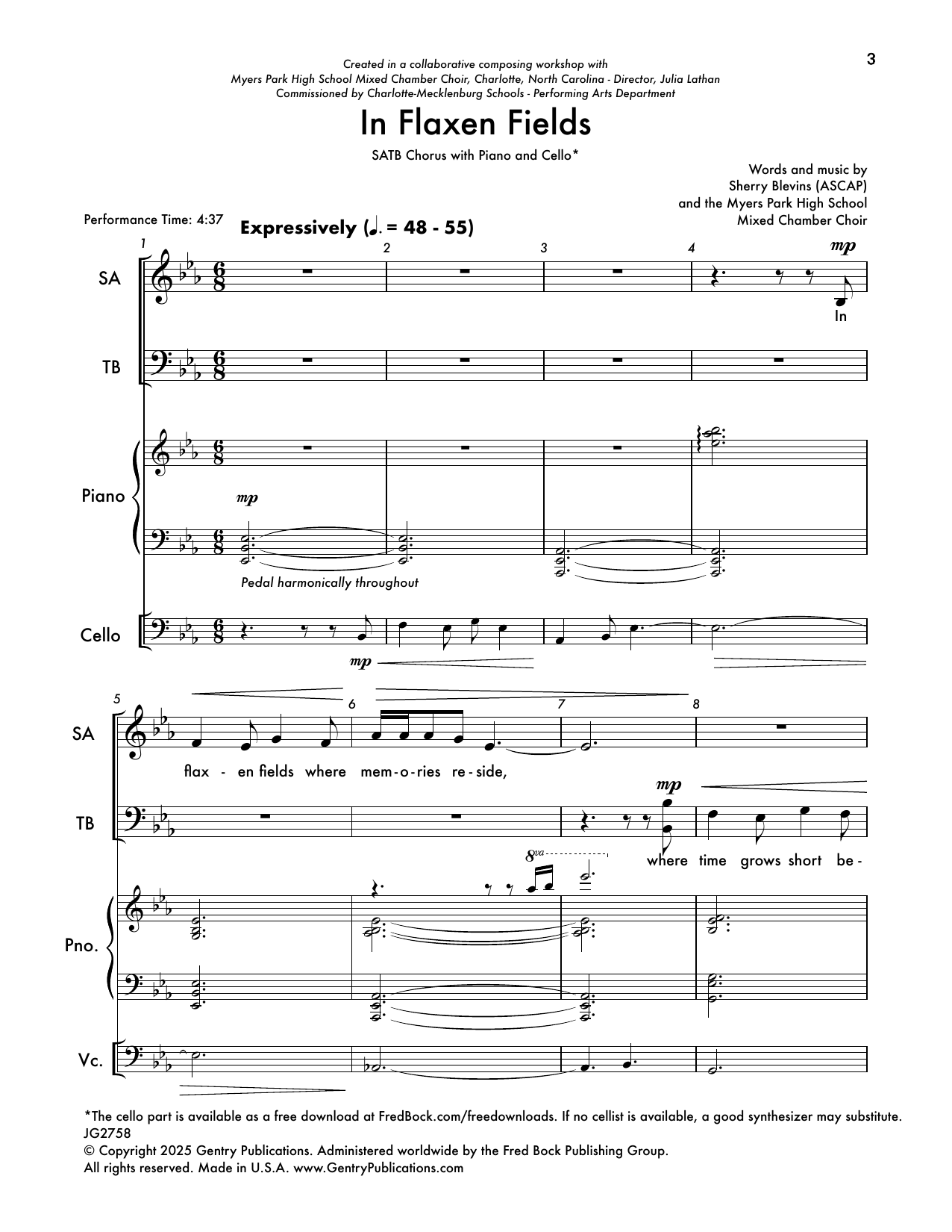 Download Sherry Blevins In Flaxen Fields Sheet Music and learn how to play SATB Choir PDF digital score in minutes