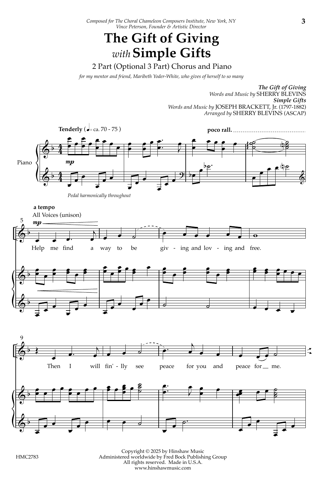 Download Sherry Blevins The Gift Of Giving (with Simple Gifts) Sheet Music and learn how to play 2-Part Choir, 3-Part Mixed Choir PDF digital score in minutes