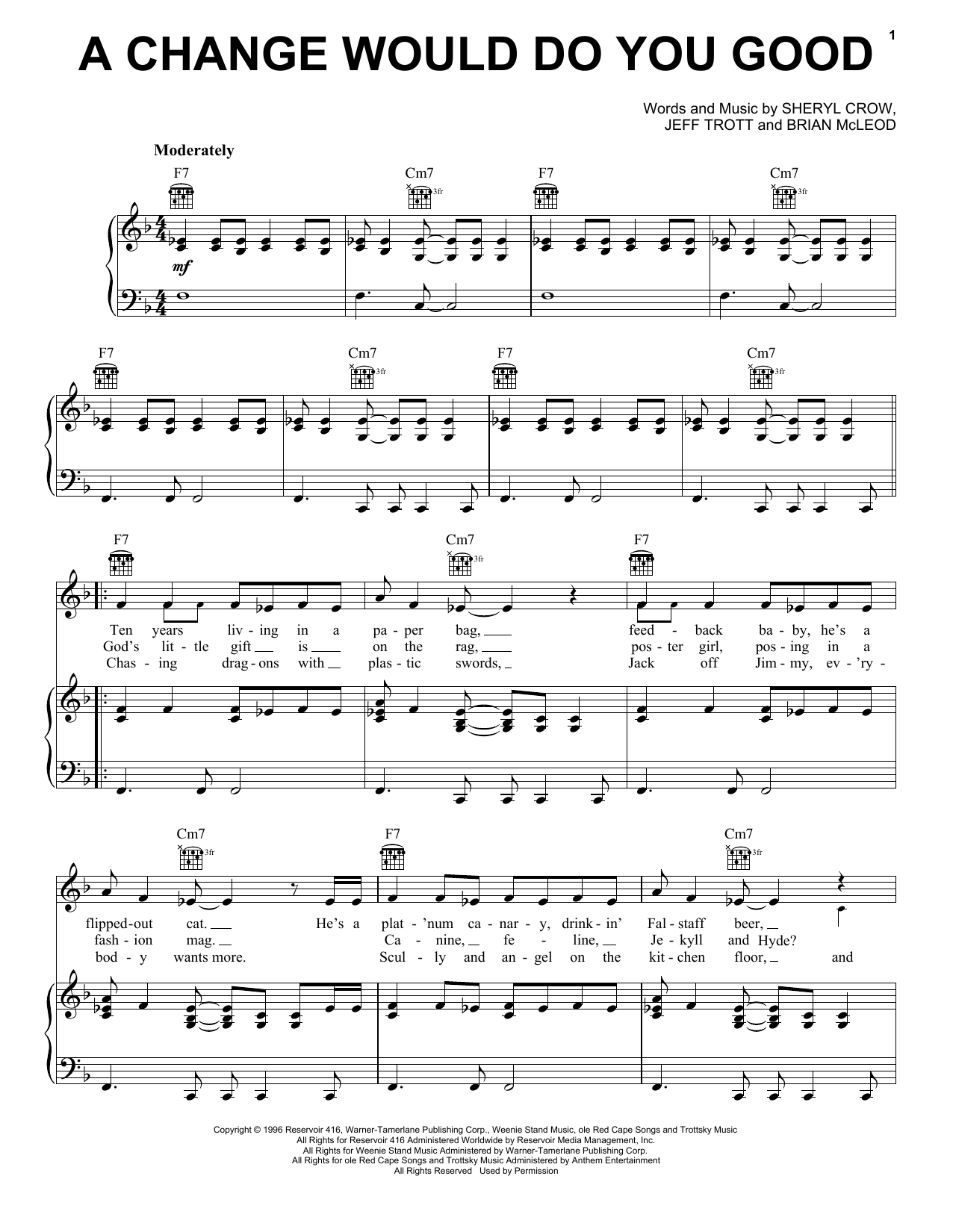 Download Sheryl Crow A Change Would Do You Good Sheet Music and learn how to play Piano, Vocal & Guitar (Right-Hand Melody) PDF digital score in minutes