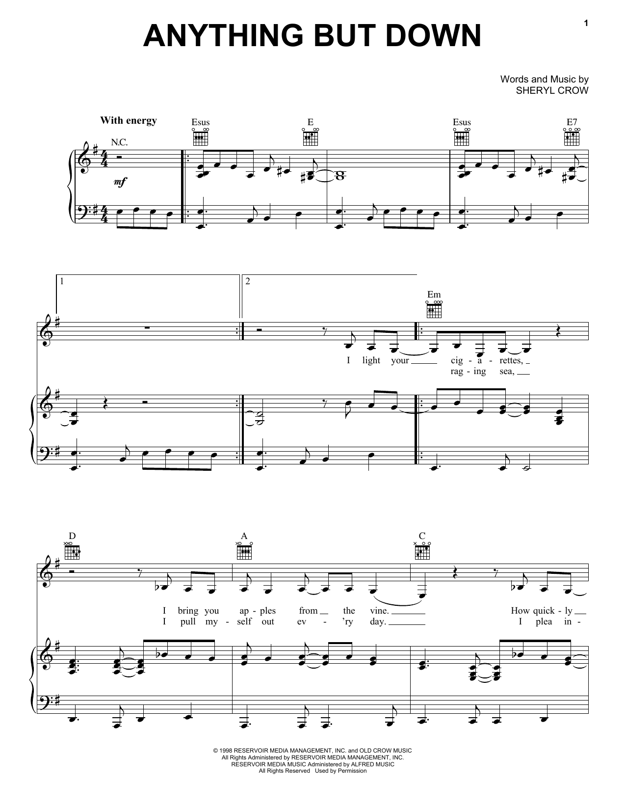 Download Sheryl Crow Anything But Down Sheet Music and learn how to play Piano, Vocal & Guitar (Right-Hand Melody) PDF digital score in minutes