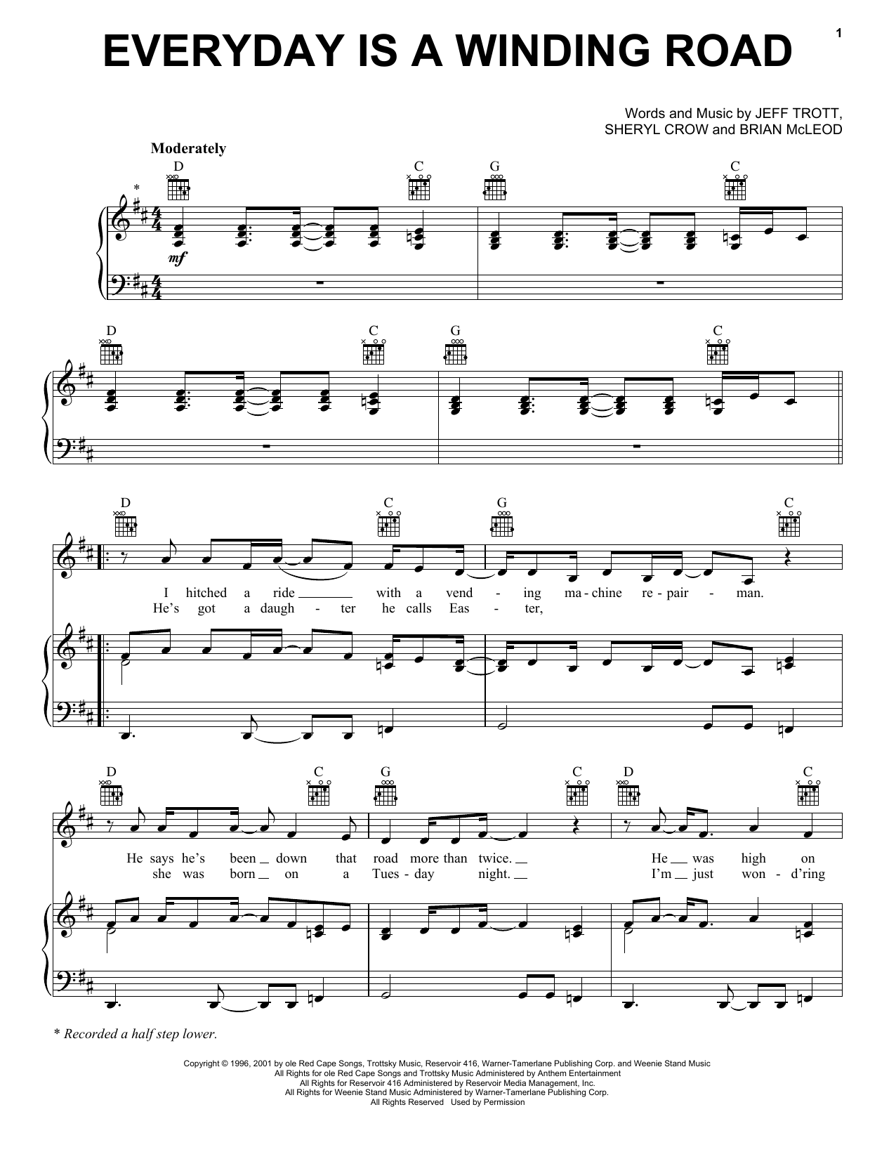 Download Sheryl Crow Everyday Is A Winding Road Sheet Music and learn how to play Piano, Vocal & Guitar Chords (Right-Hand Melody) PDF digital score in minutes