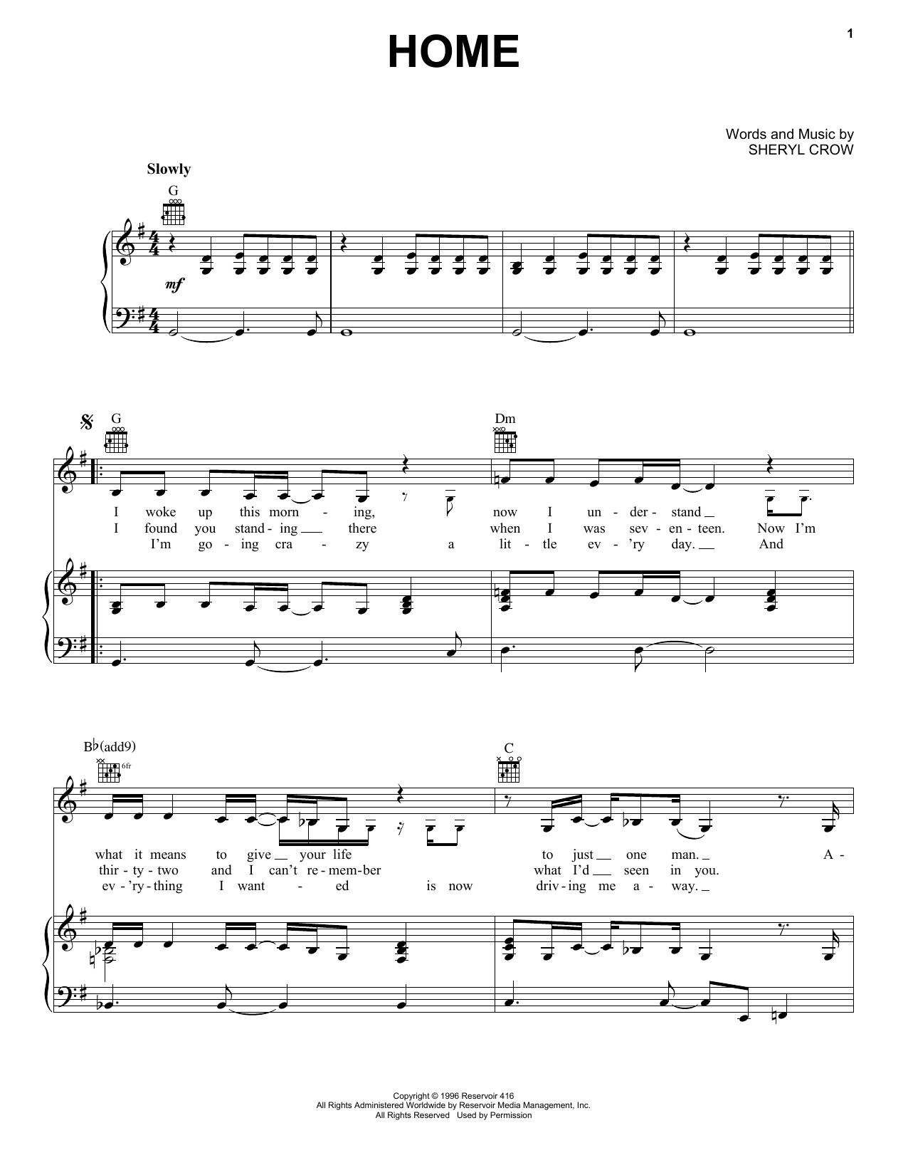 Download Sheryl Crow Home Sheet Music and learn how to play Piano, Vocal & Guitar (Right-Hand Melody) PDF digital score in minutes