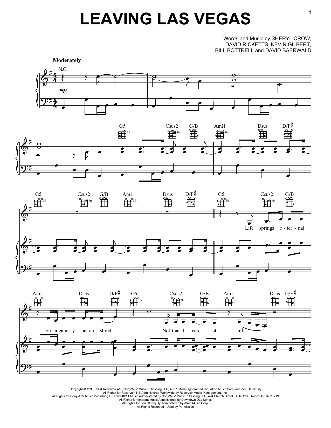 Download Sheryl Crow Leaving Las Vegas Sheet Music and learn how to play Piano, Vocal & Guitar Chords (Right-Hand Melody) PDF digital score in minutes