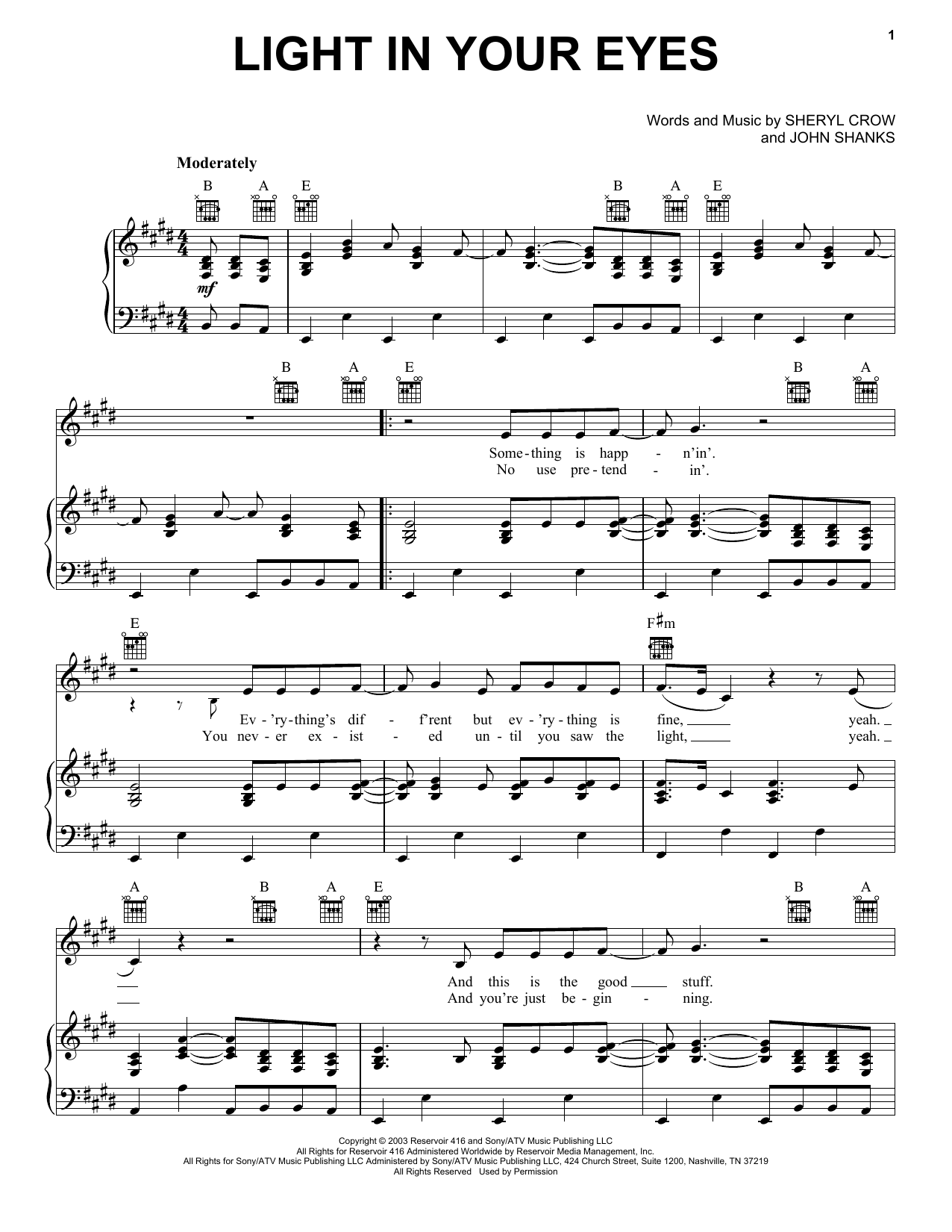 Download Sheryl Crow Light In Your Eyes Sheet Music and learn how to play Piano, Vocal & Guitar Chords (Right-Hand Melody) PDF digital score in minutes