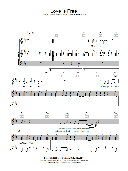 Download Sheryl Crow Love Is Free Sheet Music and learn how to play Piano, Vocal & Guitar PDF digital score in minutes