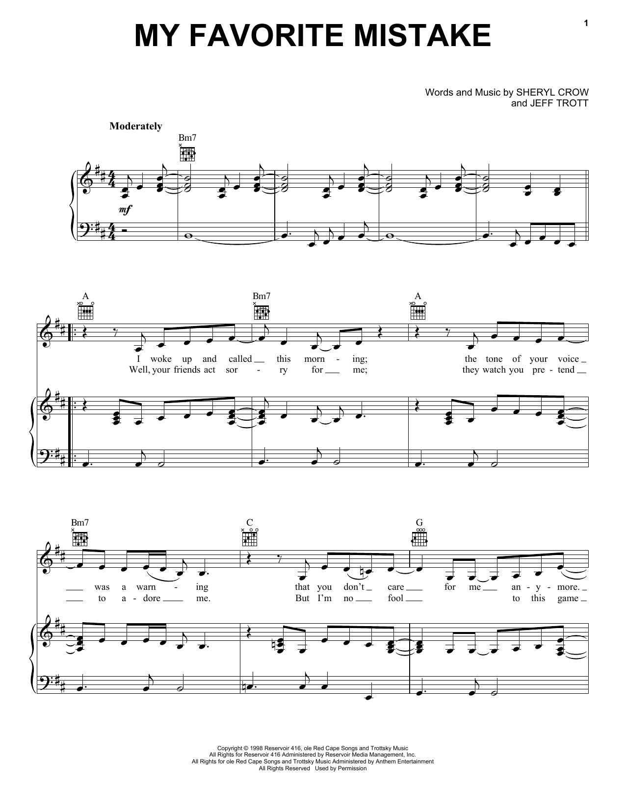 Download Sheryl Crow My Favorite Mistake Sheet Music and learn how to play Piano, Vocal & Guitar (Right-Hand Melody) PDF digital score in minutes