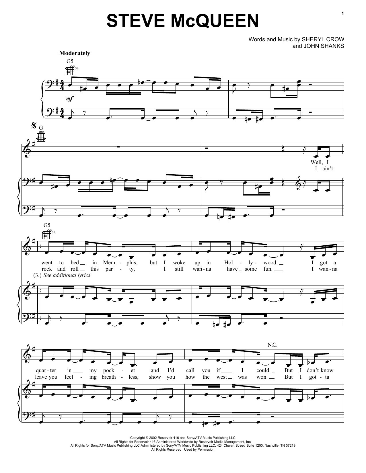 Download Sheryl Crow Steve McQueen Sheet Music and learn how to play Piano, Vocal & Guitar (Right-Hand Melody) PDF digital score in minutes