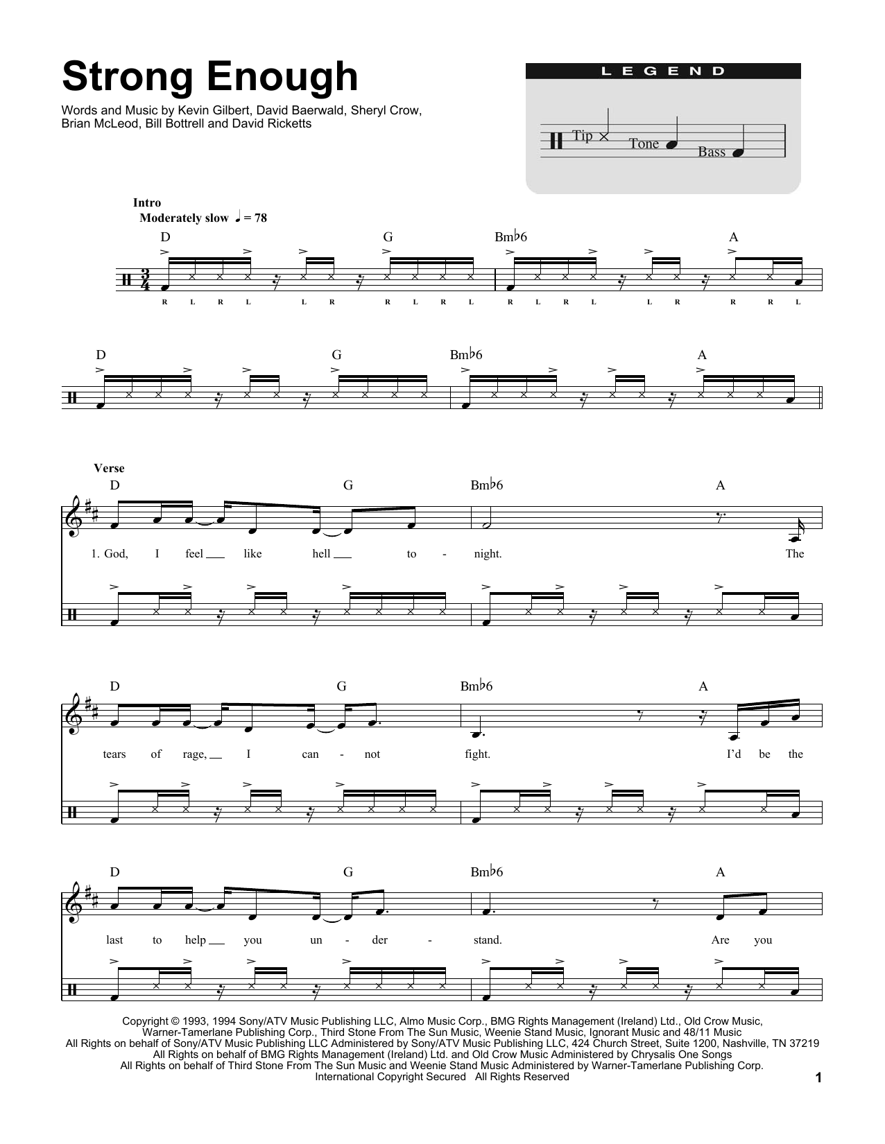 Download Sheryl Crow Strong Enough Sheet Music and learn how to play Drums Transcription PDF digital score in minutes