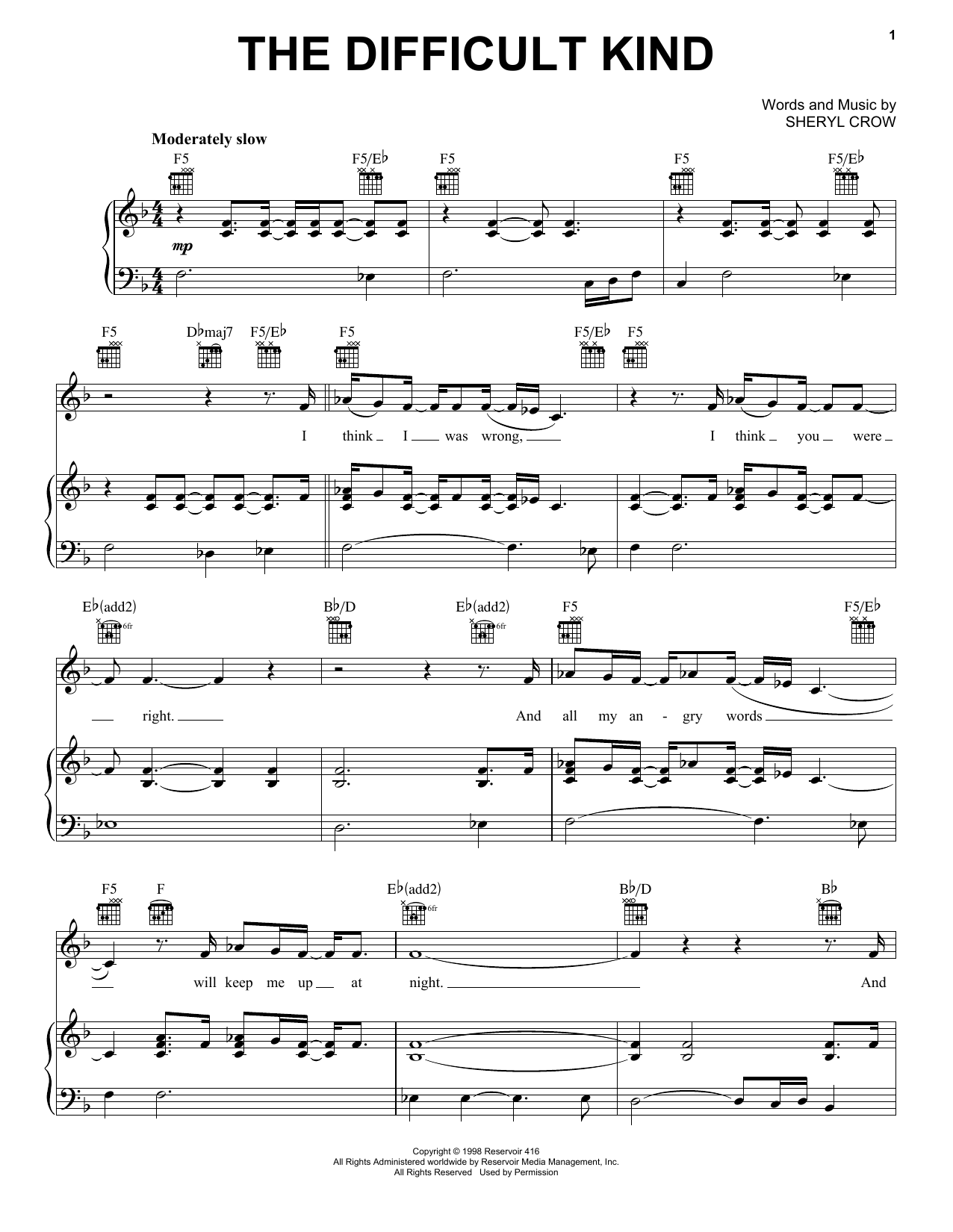 Download Sheryl Crow The Difficult Kind Sheet Music and learn how to play Piano, Vocal & Guitar Chords (Right-Hand Melody) PDF digital score in minutes