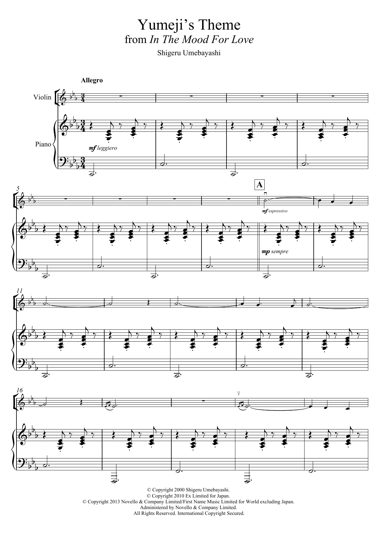 Download Shigeru Umebayashi Yumeji's Theme (from 'In The Mood For Love') Sheet Music and learn how to play Violin PDF digital score in minutes