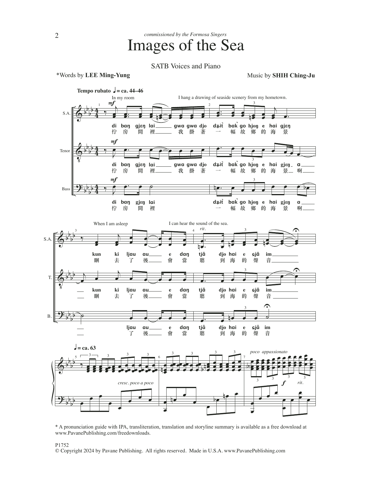 Download Shih Ching-Ju Images Of The Sea Sheet Music and learn how to play SATB Choir PDF digital score in minutes