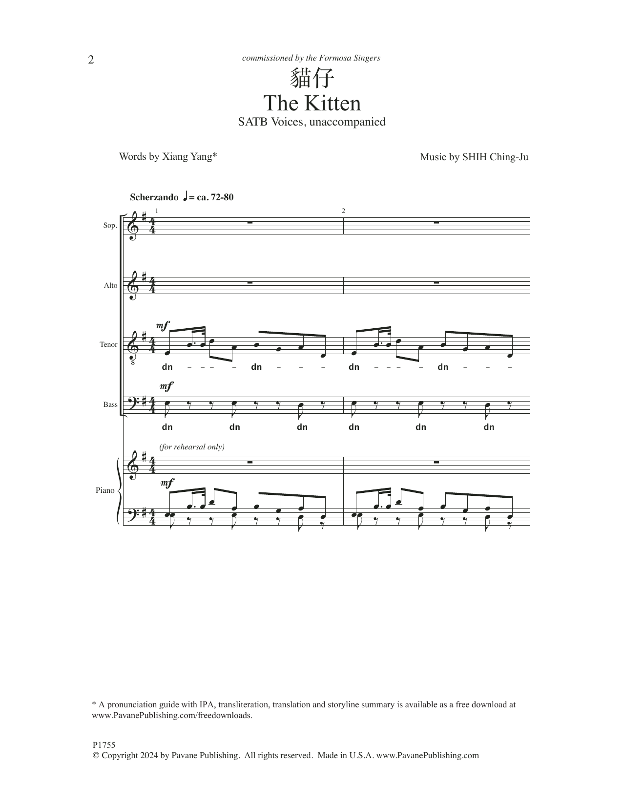 Download Shih Ching-Ju The Kitten Sheet Music and learn how to play SATB Choir PDF digital score in minutes