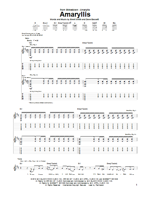 Download Shinedown Amaryllis Sheet Music and learn how to play Guitar Tab PDF digital score in minutes