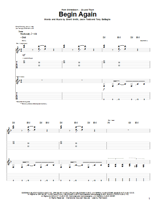 Download Shinedown Begin Again Sheet Music and learn how to play Guitar Tab PDF digital score in minutes