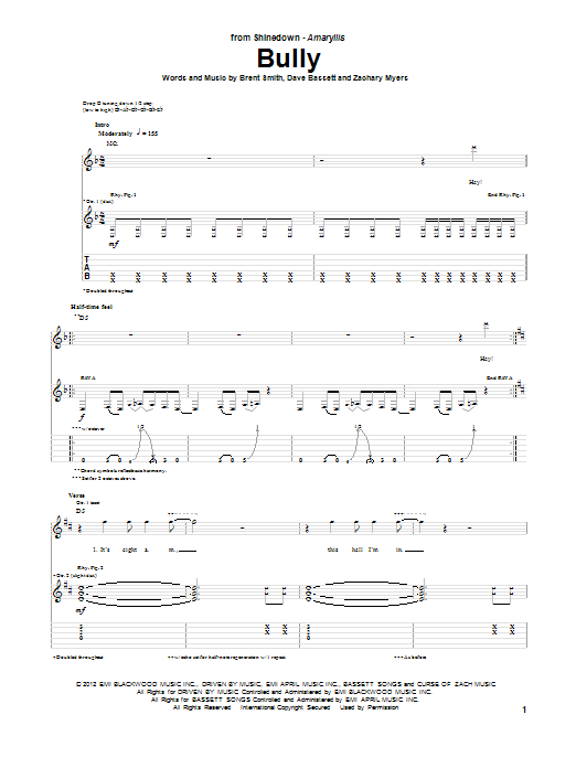 Download Shinedown Bully Sheet Music and learn how to play Guitar Lead Sheet PDF digital score in minutes