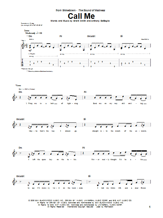 Download Shinedown Call Me Sheet Music and learn how to play Guitar Tab PDF digital score in minutes