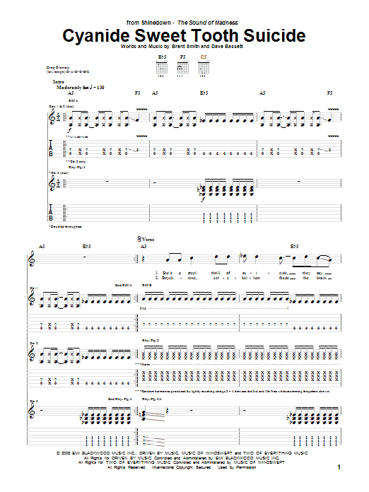 Download Shinedown Cyanide Sweet Tooth Suicide Sheet Music and learn how to play Guitar Tab PDF digital score in minutes