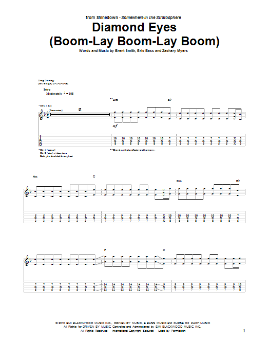 Download Shinedown Diamond Eyes (Boom-Lay Boom-Lay Boom) Sheet Music and learn how to play Guitar Tab PDF digital score in minutes