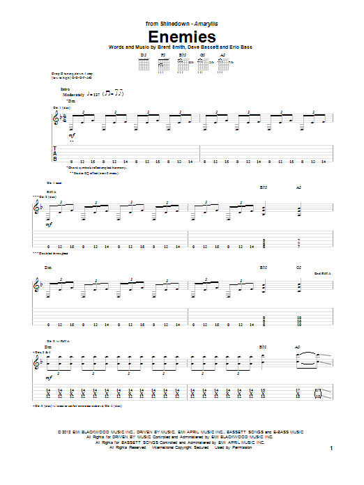 Download Shinedown Enemies Sheet Music and learn how to play Guitar Tab PDF digital score in minutes