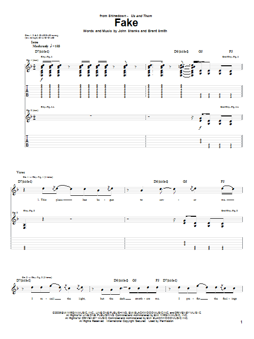 Download Shinedown Fake Sheet Music and learn how to play Guitar Tab PDF digital score in minutes