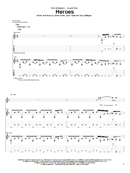 Download Shinedown Heroes Sheet Music and learn how to play Guitar Tab PDF digital score in minutes