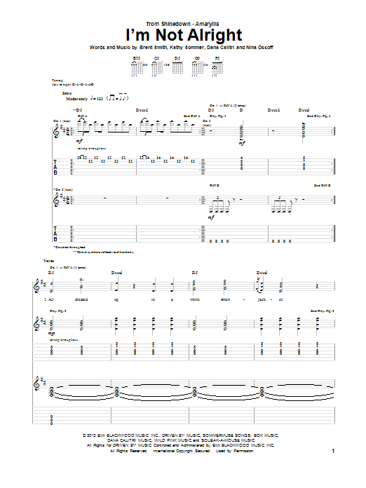 Download Shinedown I'm Not Alright Sheet Music and learn how to play Guitar Tab PDF digital score in minutes