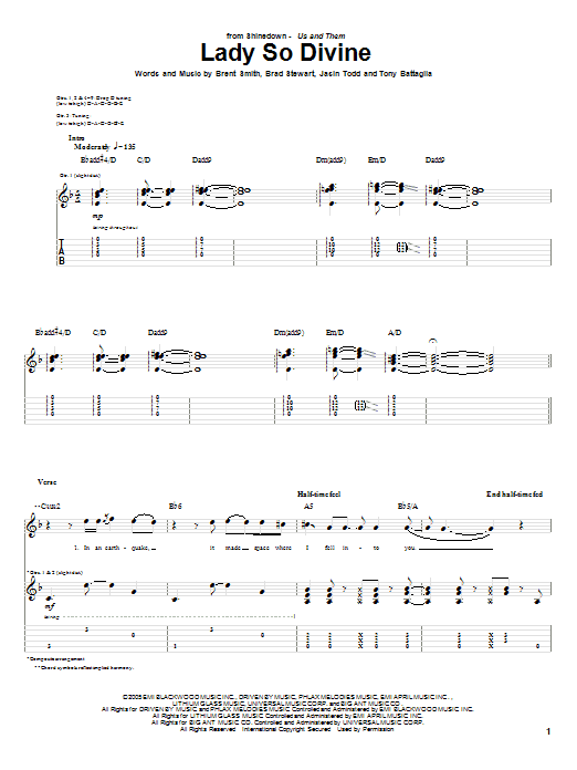 Download Shinedown Lady So Devine Sheet Music and learn how to play Guitar Tab PDF digital score in minutes