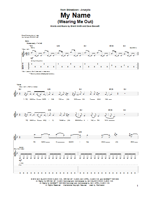 Download Shinedown My Name (Wearing Me Out) Sheet Music and learn how to play Guitar Tab PDF digital score in minutes