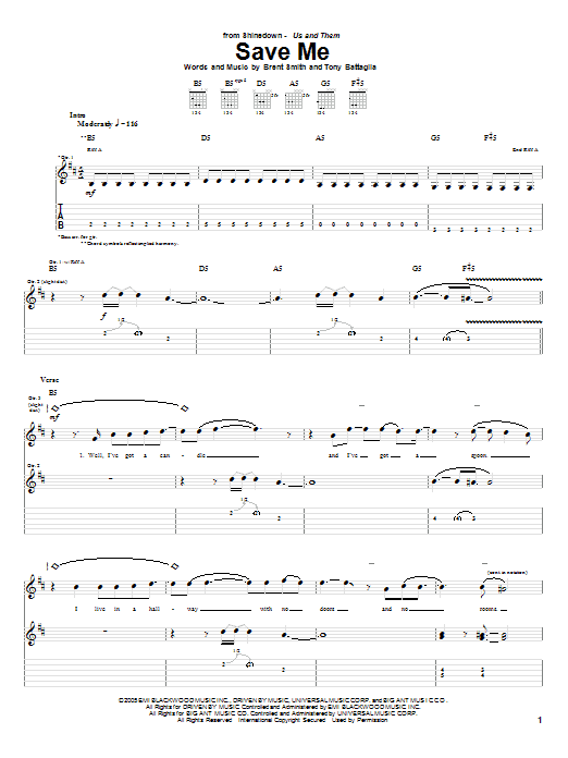 Download Shinedown Save Me Sheet Music and learn how to play Guitar Tab PDF digital score in minutes