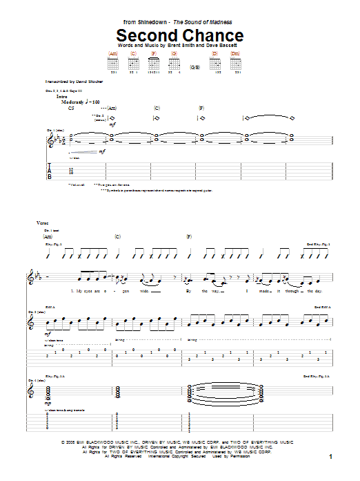 Download Shinedown Second Chance Sheet Music and learn how to play Piano, Vocal & Guitar (Right-Hand Melody) PDF digital score in minutes